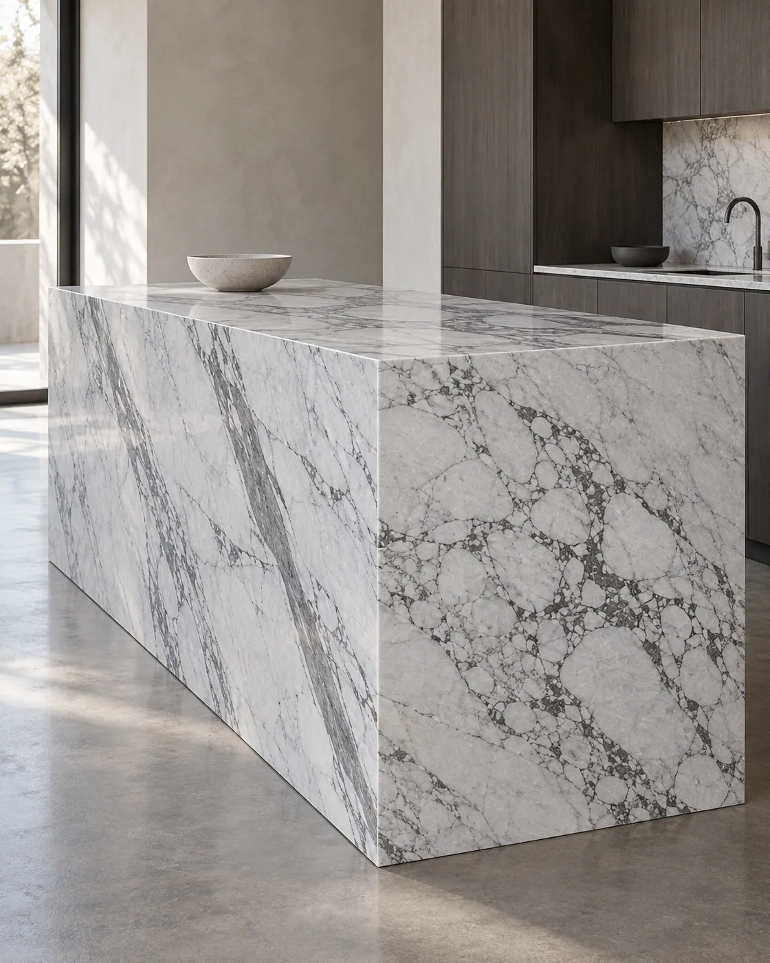 Visualisation: a monolithic kitchen island of white veined stone with waterfall ends.