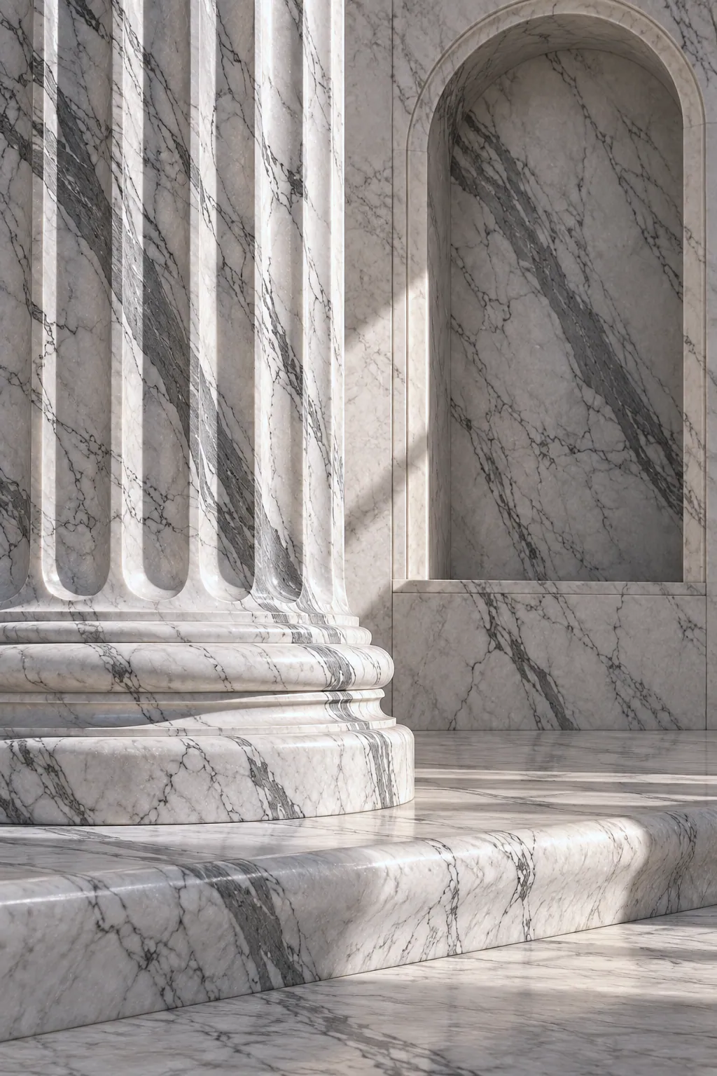 Visualisation: a fluted column, a rounded step and an arched niche in white veined stone.