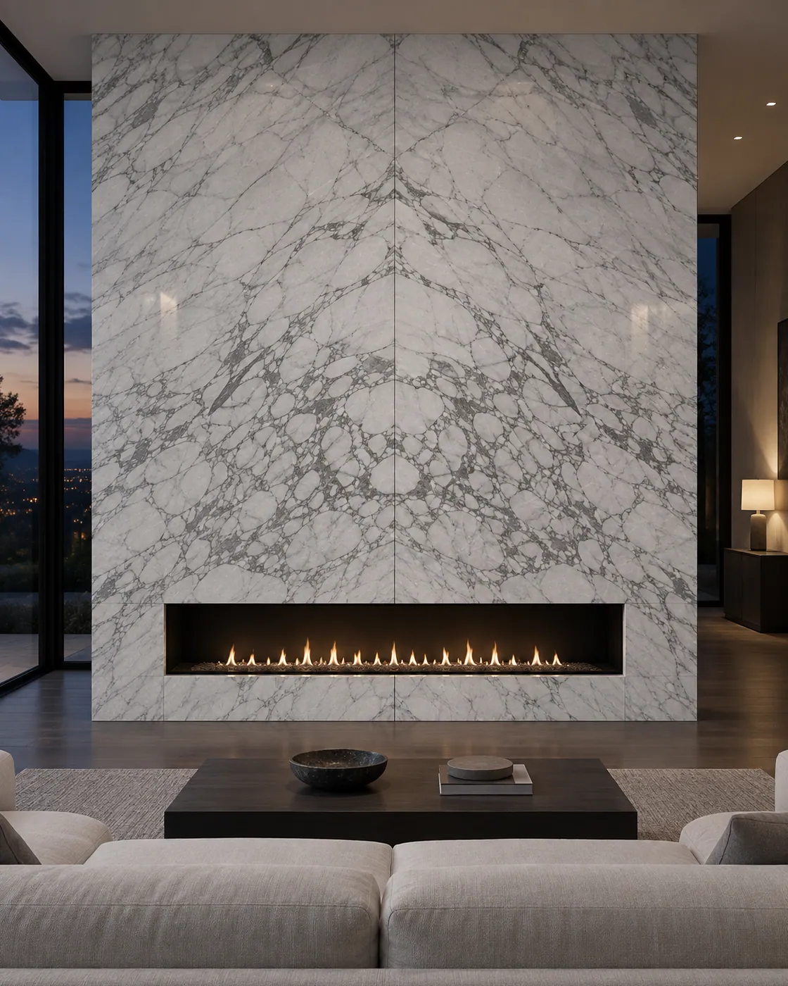 Visualisation: a book-matched feature wall of white veined stone above a long linear fireplace.