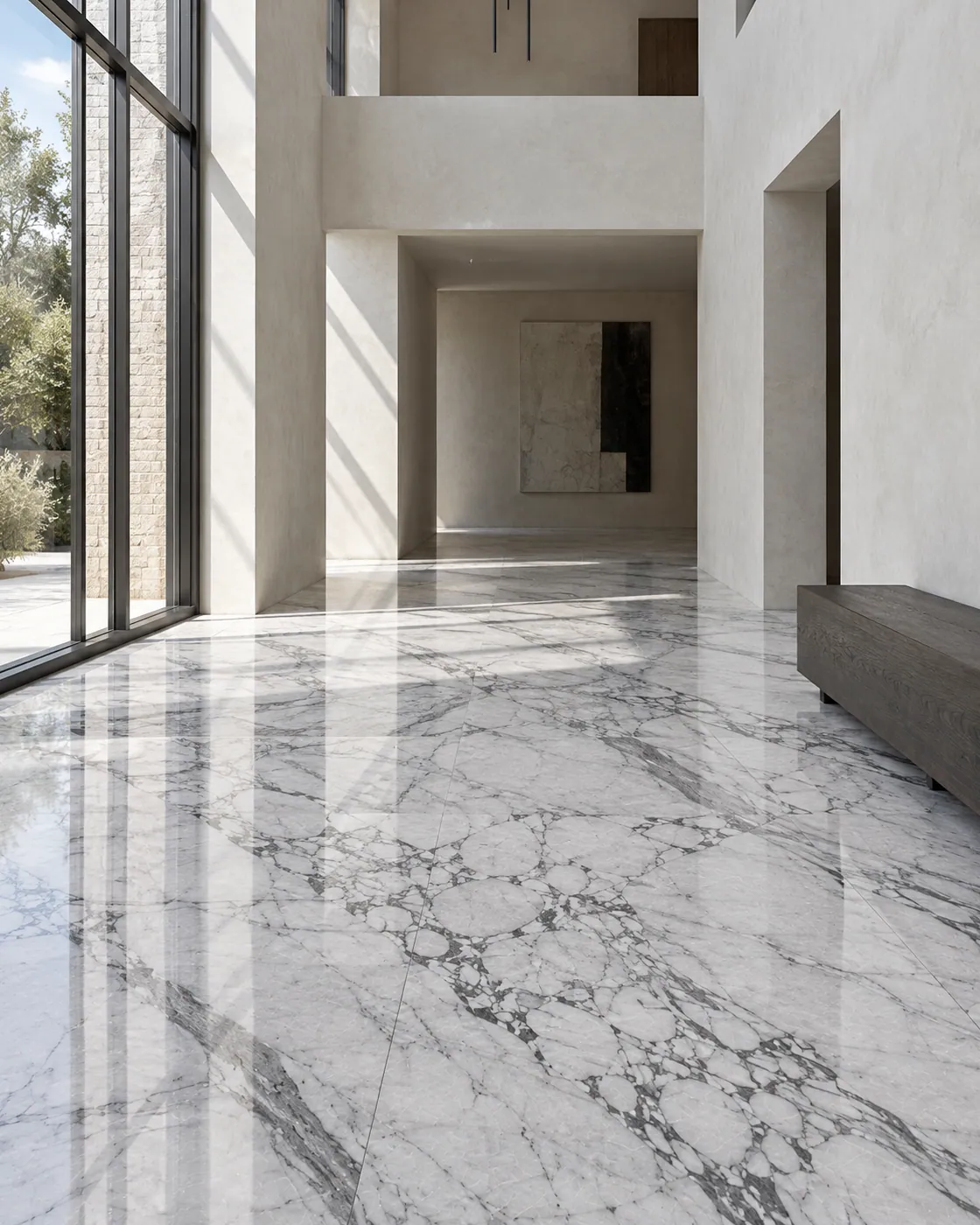 Visualisation: a double-height gallery with a floor of large polished slabs of white veined stone, lit by a tall window.