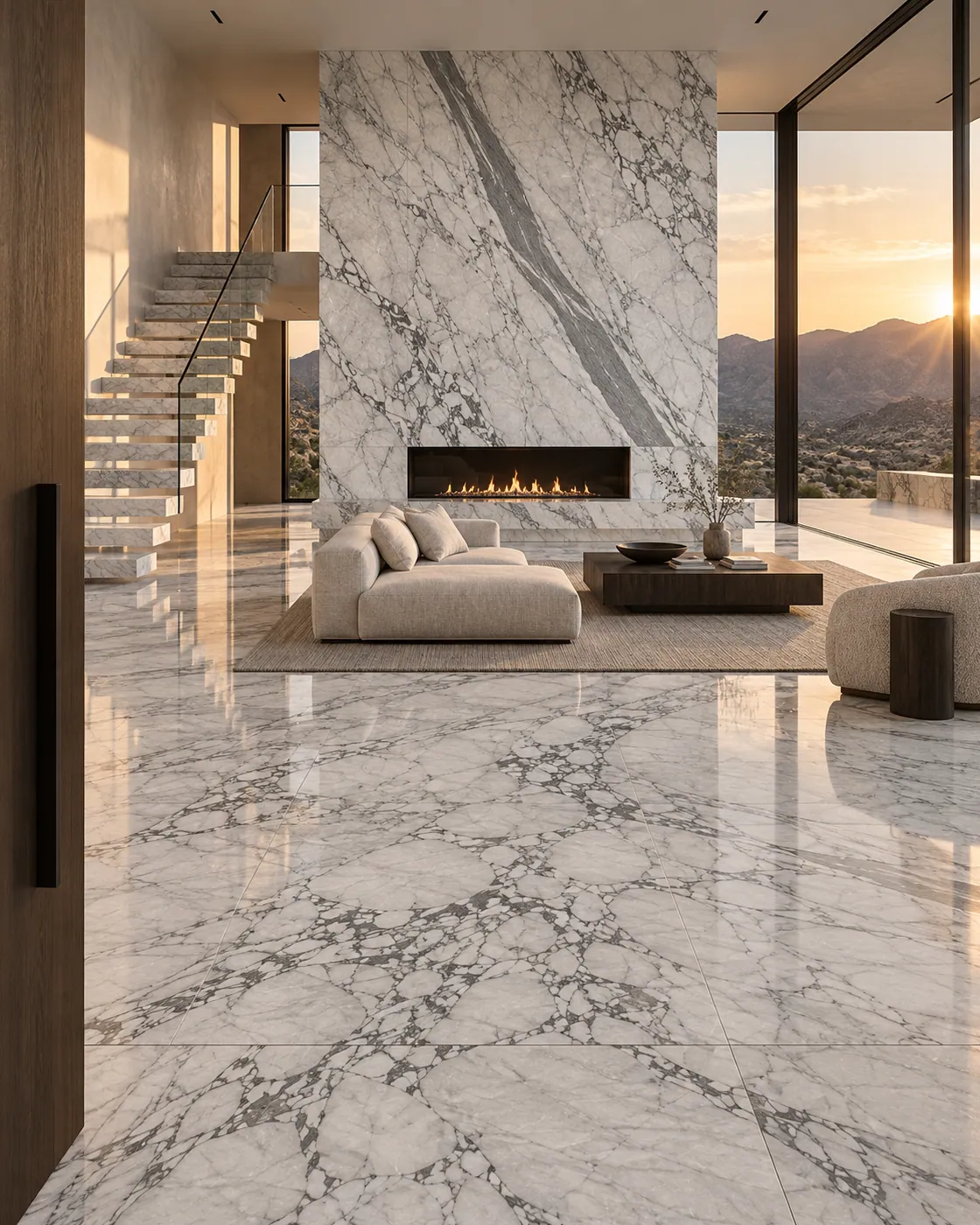 Visualisation: an open-plan residence with a white veined stone floor and a stone-clad fireplace wall at sunset.