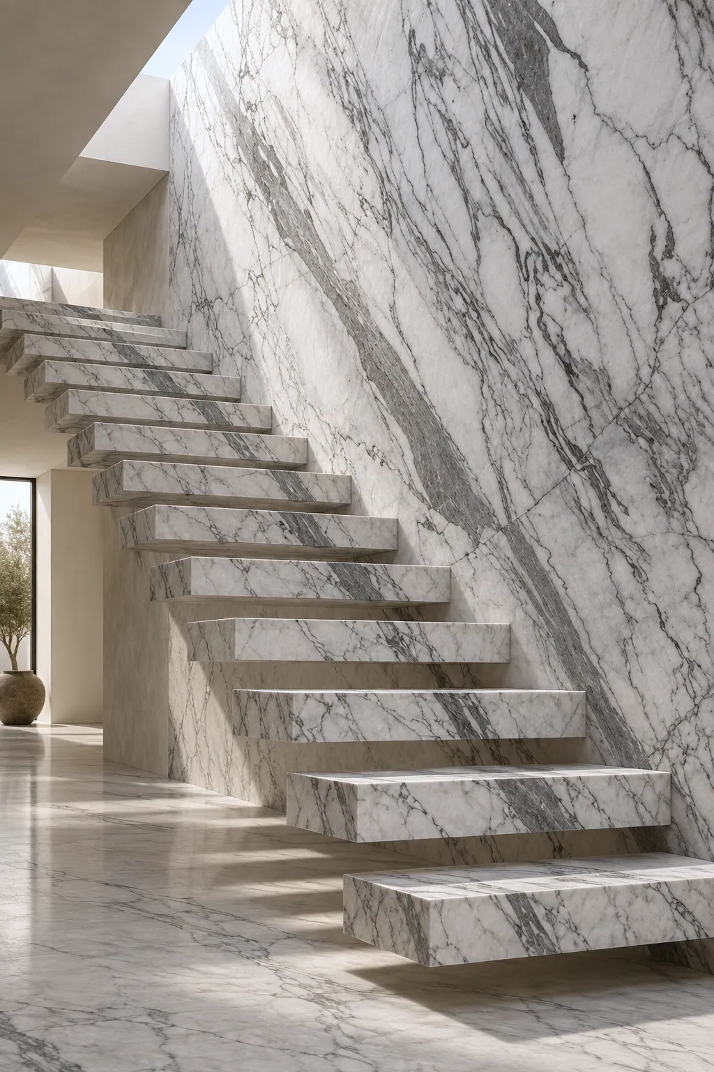 Visualisation: a floating staircase of white veined stone against a wall clad in the same stone.