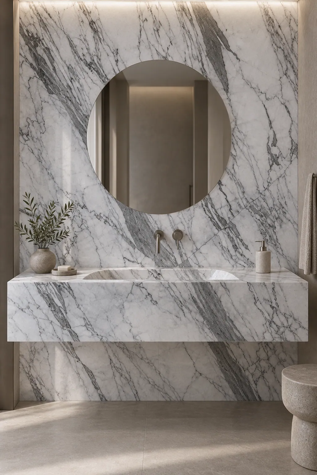 Visualisation: a vanity top and wall in white veined stone with a round mirror.