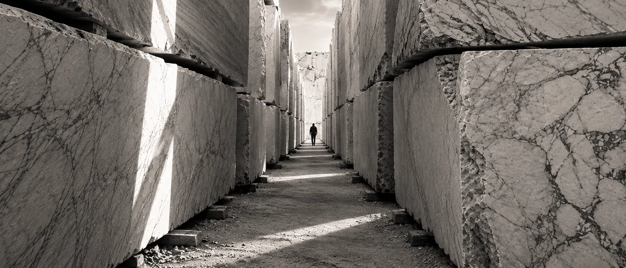 Atmospheric visualisation: a narrow corridor between towering blocks of white stone, crossed by a shaft of low sunlight.