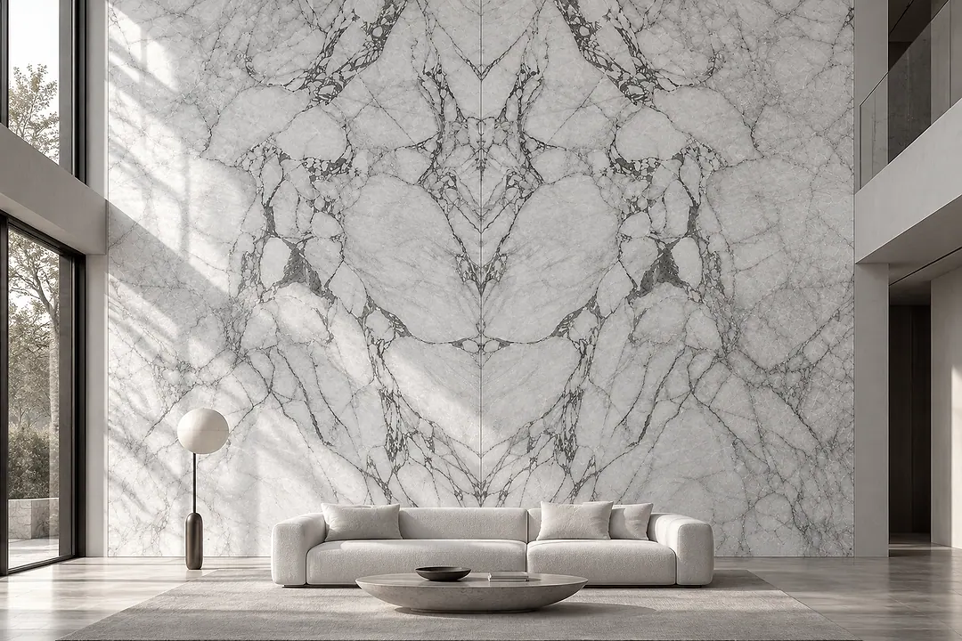 Visualisation: a book-matched wall of white veined stone rising the full height of a double-height living room.