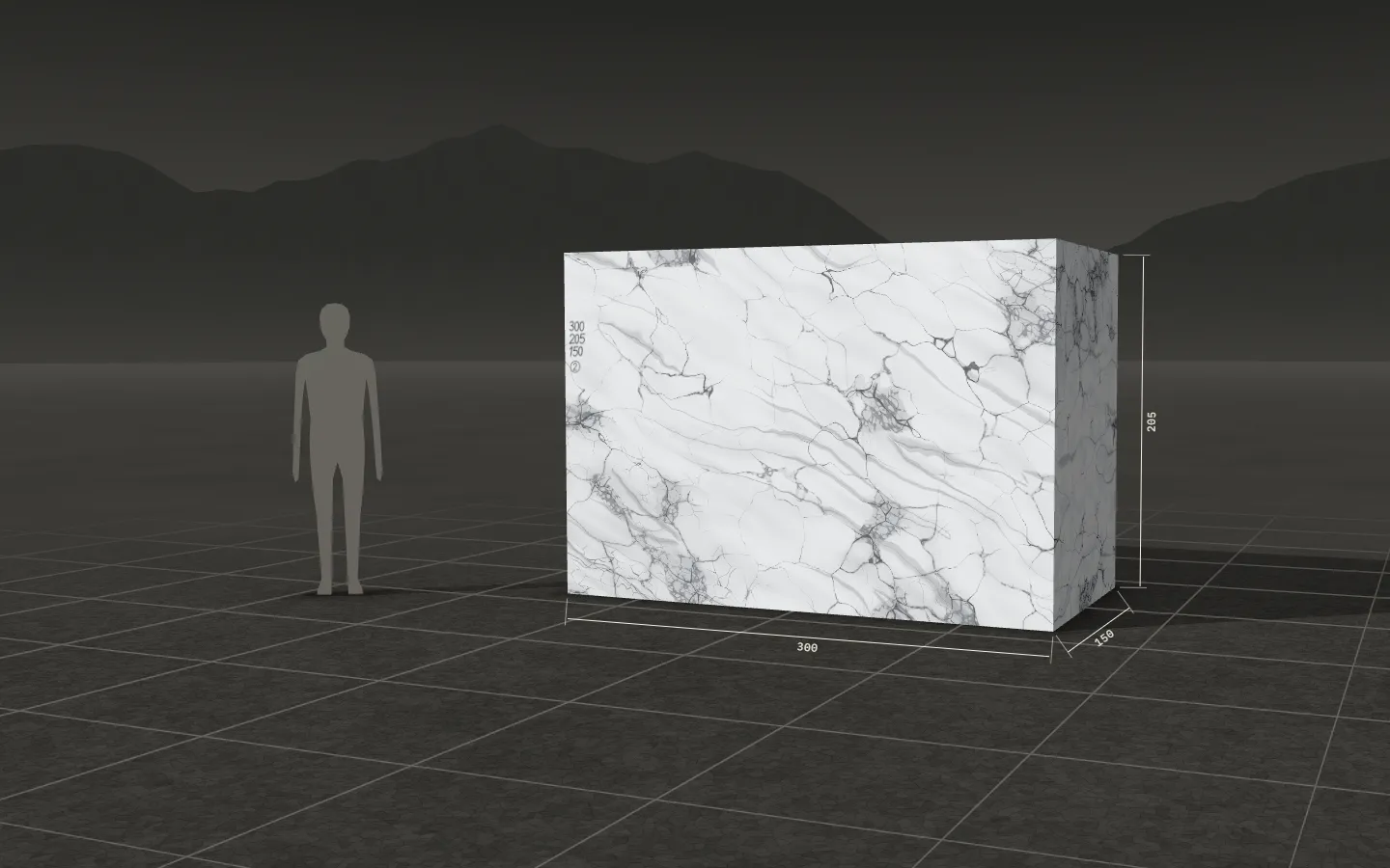 Illustrative rendering: block No. 2 modelled in solid stone on the quarry floor, drawn with dimension strings 300, 205 and 150 beside a standing human figure for scale.