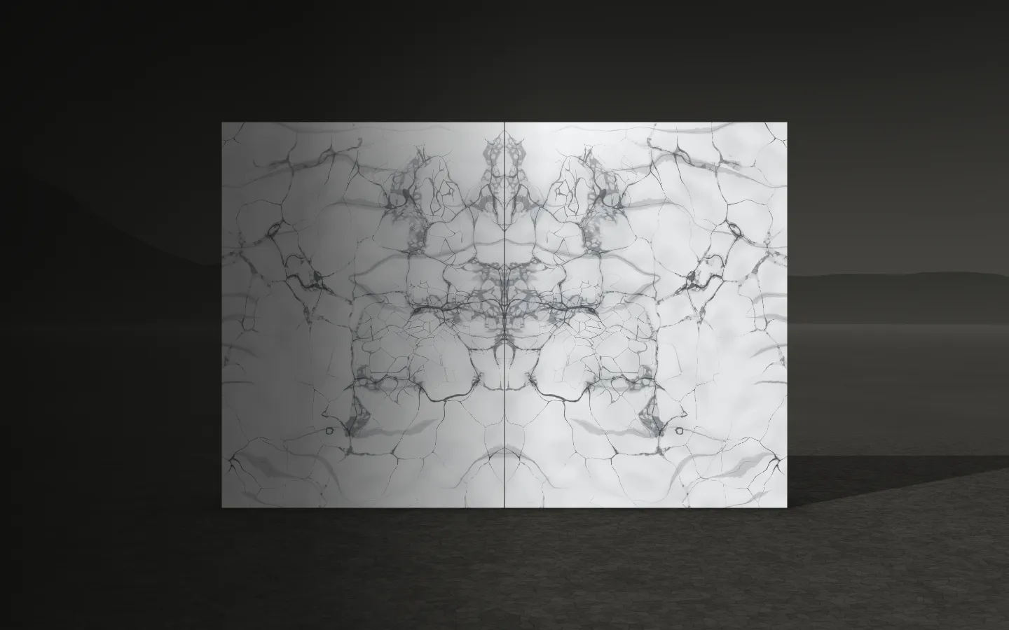 Illustrative rendering: two slabs opened like the pages of a book, their veining mirrored about a vertical seam.