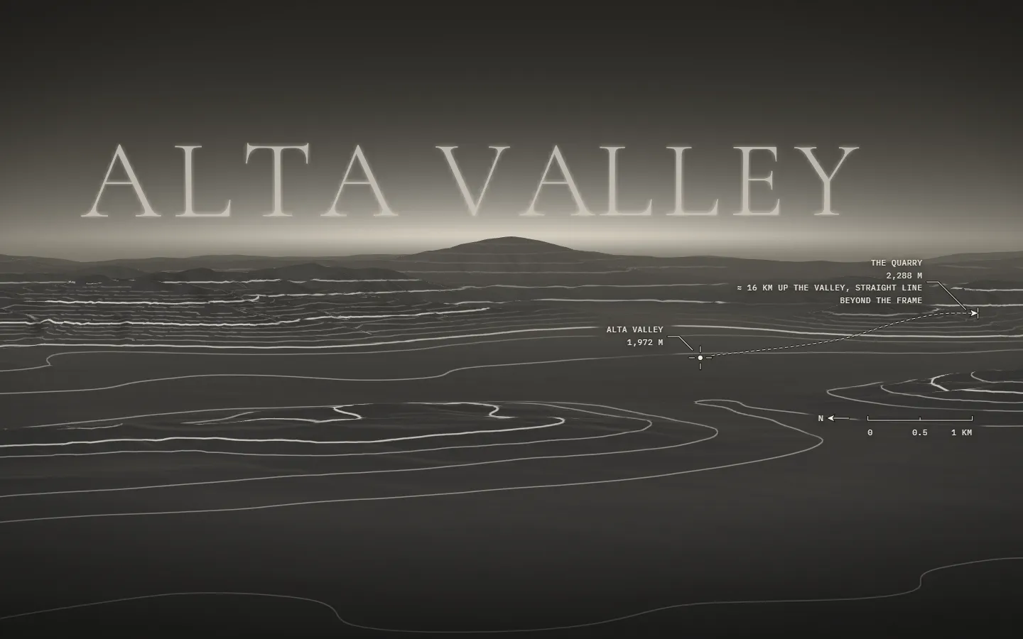 Terrain model of the mountains around the Alta valley in contour lines at dawn, with the name ALTA VALLEY standing above the ridge and the valley floor marked. A dashed line runs from it to the edge of the picture, where an arrow points on to the quarry, about 16 km away in a straight line.