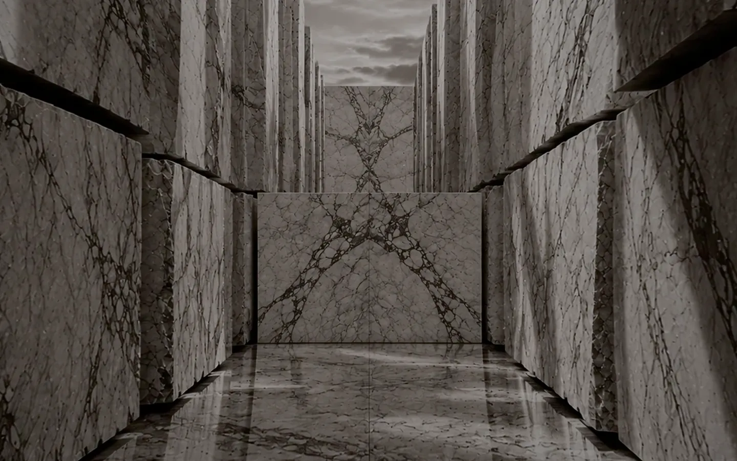 Visualisation: the same corridor as an architectural atrium clad in polished, bookmatched Sereno & Nevato.